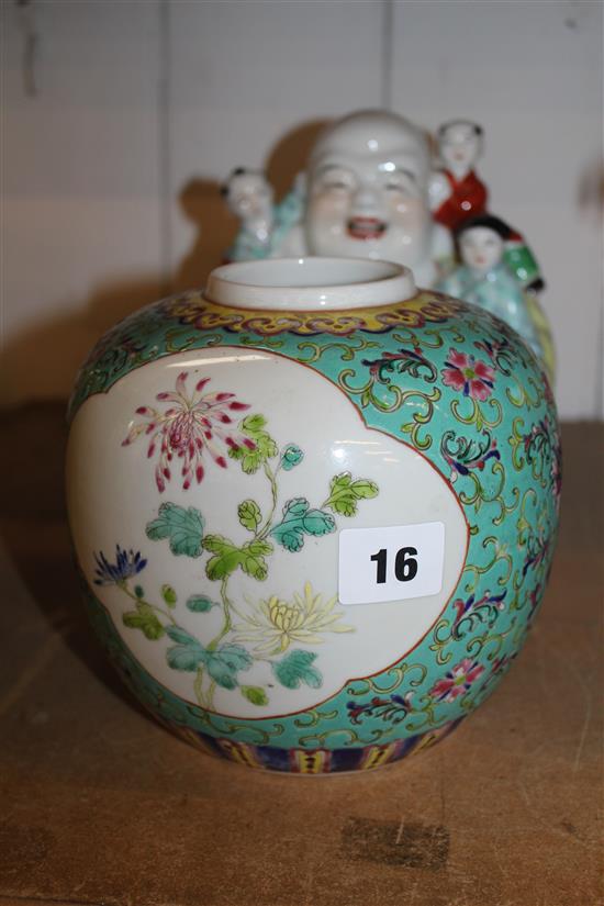 Chinese budha figure & a ginger jar